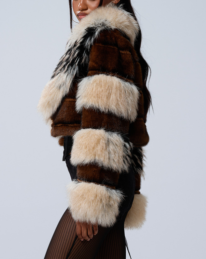 Color-blocked Cropped Faux Fur Jacket