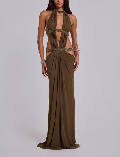 Strap Cutout Design Backless Drape Maxi Dress
