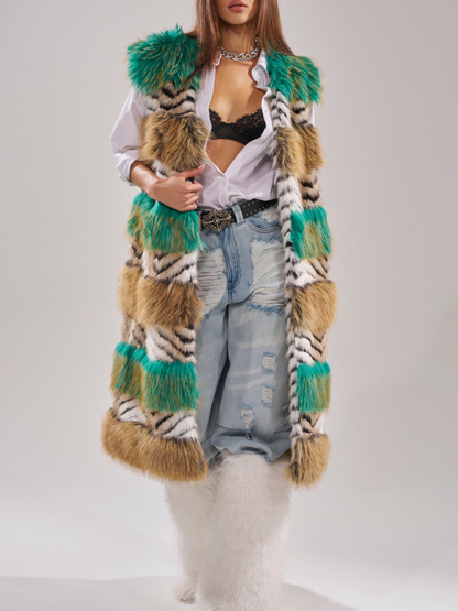 Faux Fur Multicolor Striped Sleeveless Coat