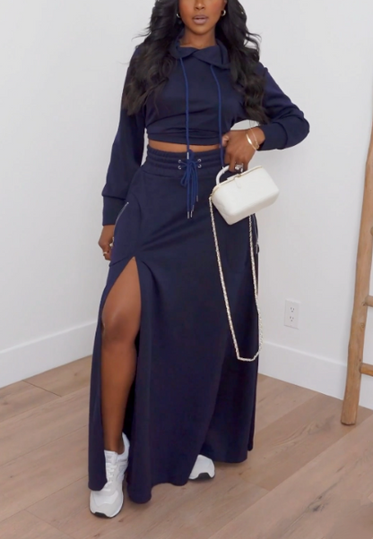 Hooded Sweatshirt And Slit Maxi Skirt Set