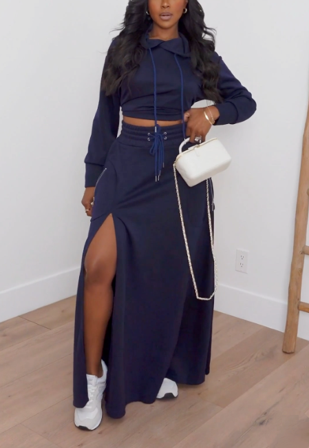 Hooded Sweatshirt And Slit Maxi Skirt Set