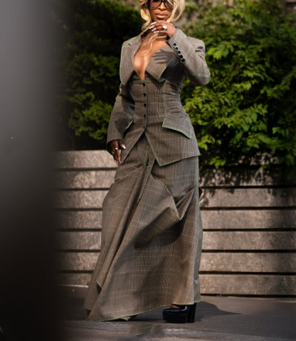 Stylish Oversize Lapel Plaid Suit Skirt Suit