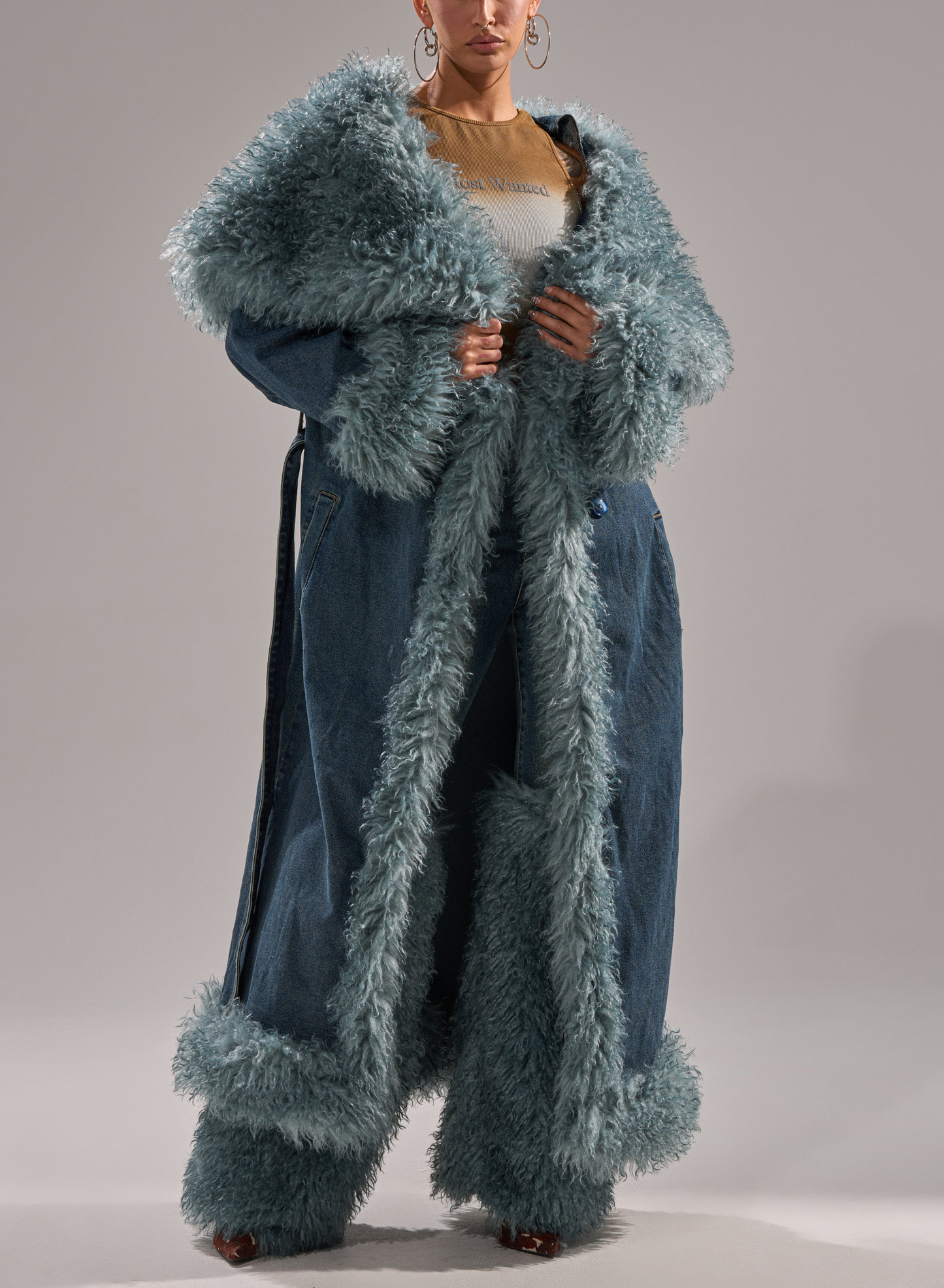 Oversized Lapel Fur Trim Denim Trench