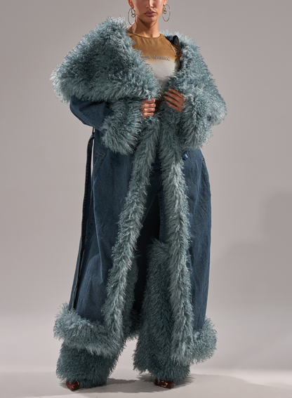 Oversized Lapel Fur Trim Denim Trench