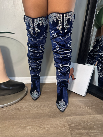 Velvet Rhinestone Embroidered Knee-high Boots